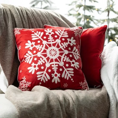 Poszewka świąteczna śnieżynki  welurowa Chp 125 Eurofirany czerwony