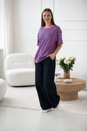 T-shirt do karmienia i ciąży Mamahood oversize z krytymi zamkami OEKO-TEX Milk&Love różowo-niebieskie paski 