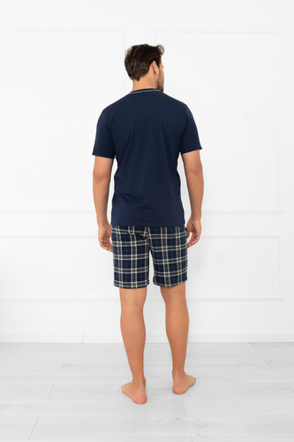 Piżama męska Andreas – klasyczny komplet z koszulką i spodniami w kratę Italian Fashion - granatowy/druk