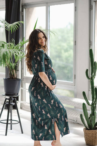 Two Ways LONG Sukienka do karmienia ciążowa krótki rękaw Milk&Love butelkowa zieleń w gałązki