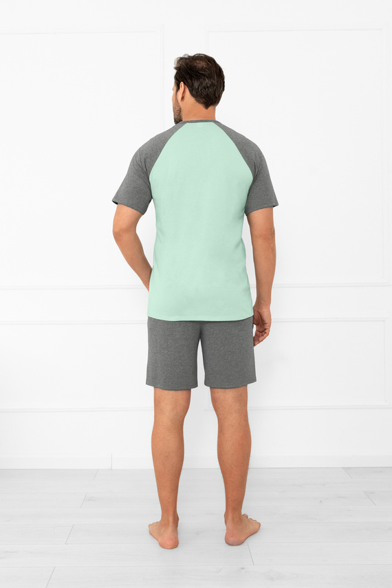 Męska piżama Italian Fashion Aleksander – krótki rękaw i spodenki - szałwia/melanż