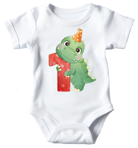 Body krótki rękaw "ROCZEK dla chłopca, dinozaur jedynka" Moocha biały