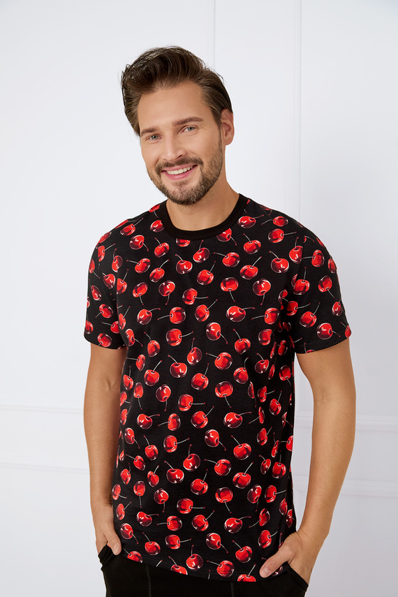 Piżama Męska krótki rękaw, spodenki Cherry talian Fashion - druk/czarny