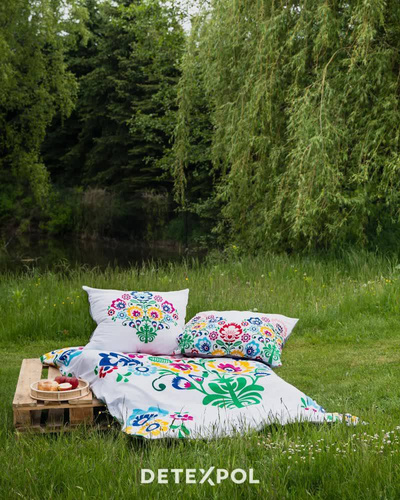 Pościel bawełniana Łowicka wycinanka 3612 A kwiaty kurpiowska Detexpol biały/szary