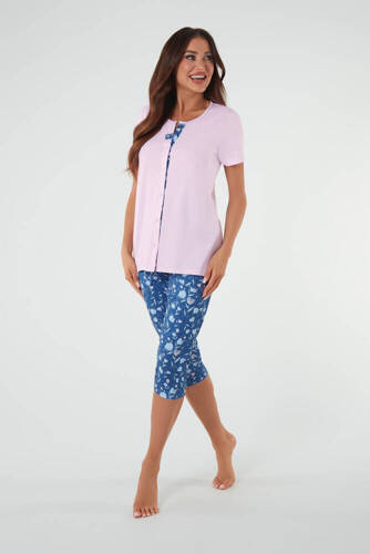 Piżama Damska krótki rękaw, 3/4 spodnie Lady Italian Fashion- róż/druk