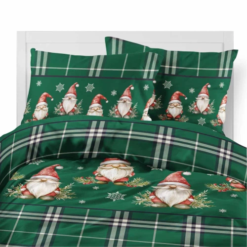 5622 B Magia Świąt Detexpol Pościel świąteczna flanelowa zielona w kratę ze skrzatami i śnieżynkami – bawełna 100%, certyfikat OEKO-TEX®