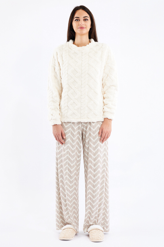 Sofie Sorbetto kremowa – piżama damska sherpa, spodnie palazzo w zygzaki