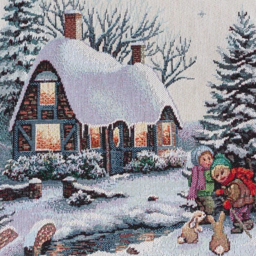 Obrus świąteczny gobelinowy Śnieżny biały szary domek 4051 Eurofirany szary 