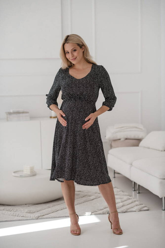 Sukienka ciążowa i do karmienia Lovely Dress Midi rękaw 3/4 Milk&Love kropki na czarnym 