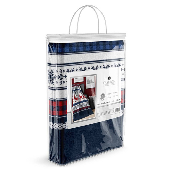 Koc świąteczny z frędzlami 100 JB renifery Detexpol granatowy/czerwony