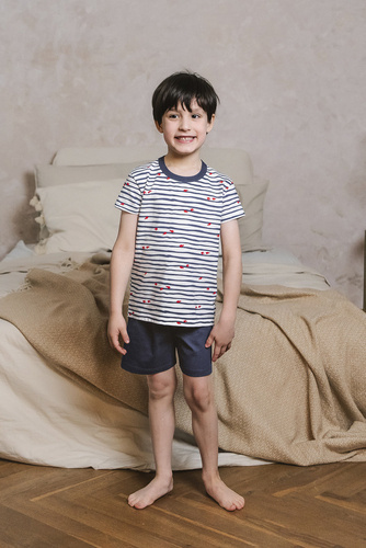 Piżama chłopięca krótki rękaw, spodnie Korfu Italian Fashion - druk/granatowy