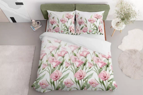 Pościel satynowa Różowe kwiaty na białym tle 5328 B Detexpol  