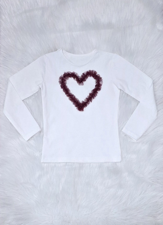 Bambarillo Mia ecru bordowe serce– bluzka dziewczęca z tiulowym sercem, bawełniana