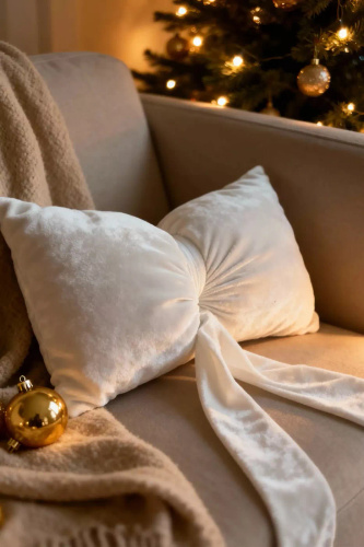 Biała poduszka świąteczna Kokarda 40x23 – welurowa dekoracja od Spod Igły i Nitki, Oeko-Tex