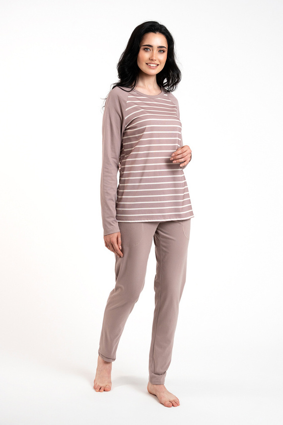 Piżama Damska długi rękaw, długie spodnie Oda Italian Fashion - druk cappuccino/cappuccino