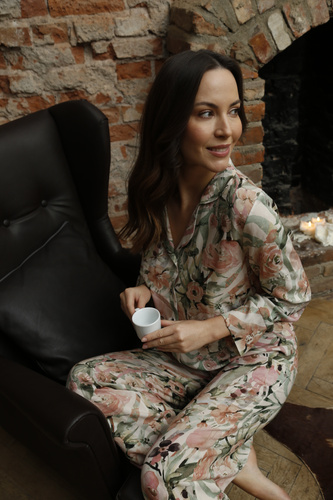 Piżama damska rozpinana 86632 Ines Mewa kwiaty