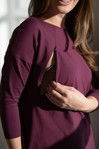 Milk&Love Mommy Mauve Wine – oversizowa bluzka ciążowa i do karmienia z zamkami, certyfikowana dzianina Oeko-Tex