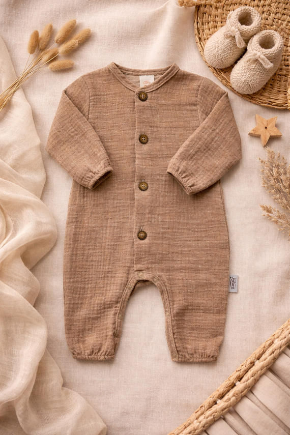 Pajac muślinowy Just Muslin Makoma latte– naturalny komfort, 5 kolorów