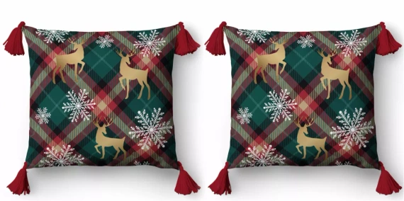 5381 A Christmas Deco Detexpol renifery i śnieżynki na tle kratki– poszewka dekoracyjna świąteczna 45x45, Panama, zamek błyskawiczny