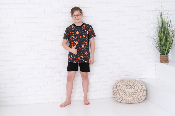 Piżama chłopięca krótki rękaw, spodnie Western Italian Fashion - grafit/czarny