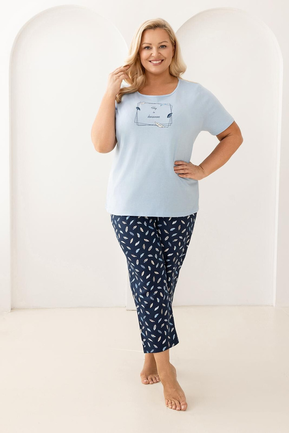Piżama 733 Regina niebieska – bawełniana, z krótkim rękawem, półokrągły dekolt, wzorzyste spodnie 7/8