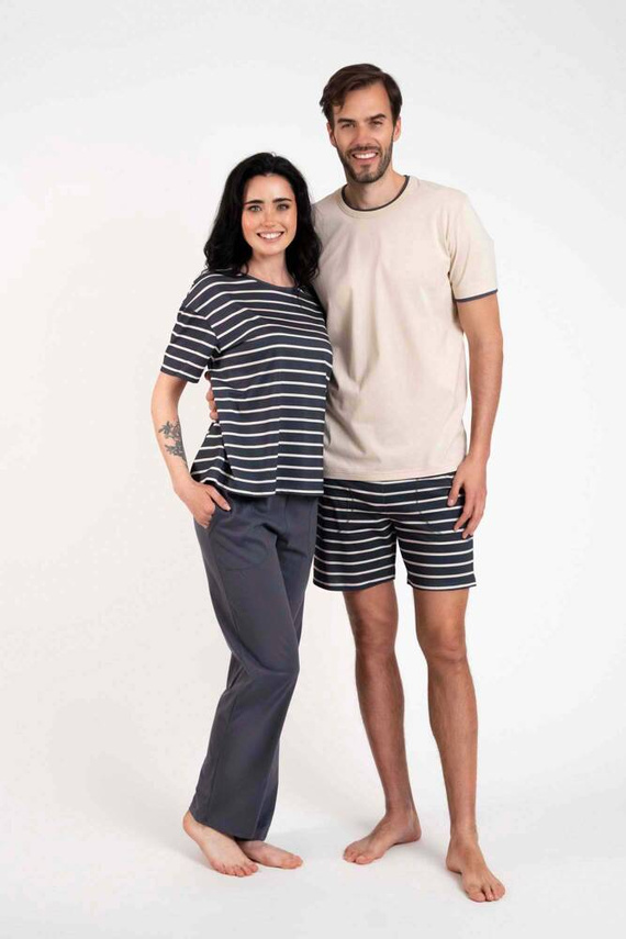 Piżama Damska krótki rękaw, długie spodnie Betty Italian Fashion - druk grafitowy/grafitowy