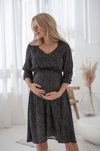Sukienka ciążowa i do karmienia Lovely Dress Midi rękaw 3/4 Milk&Love kropki na czarnym 