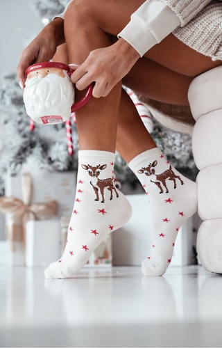 1283-030 Jelonek Skarpety damskie świąteczne Milena ecru– bawełniane