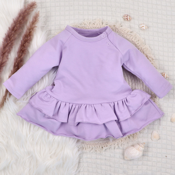 Nini Sukienka Underwater World – fioletowa, organiczna bawełna, falbanka, długi rękaw