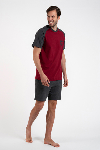 Piżama Męska krótki rękaw, krótkie spodnie Morten talian Fashion - bordo/c.melanż