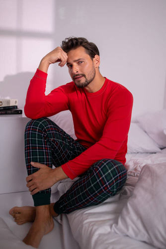 Piżama Męska długi rękaw, długie spodnie Fogo talian Fashion - czerwony/druk 