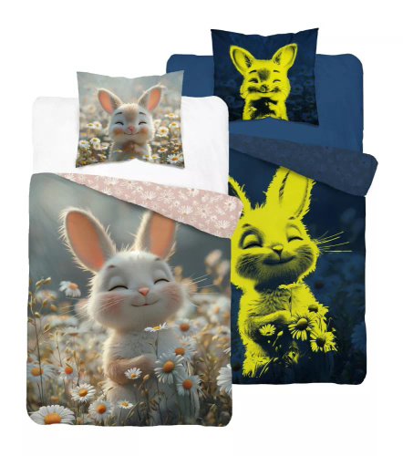 Pościel świecąca w ciemności 140x200 króliczek w kwiatach 5548 A Fluo 95 + poszewka 70x90 | 100% bawełna | Dla dzieci