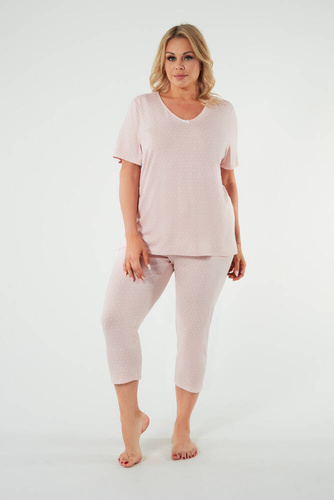 Piżama Damska krótki rękaw, 3/4 spodnie Puntini Italian Fashion - pudrowy róż 