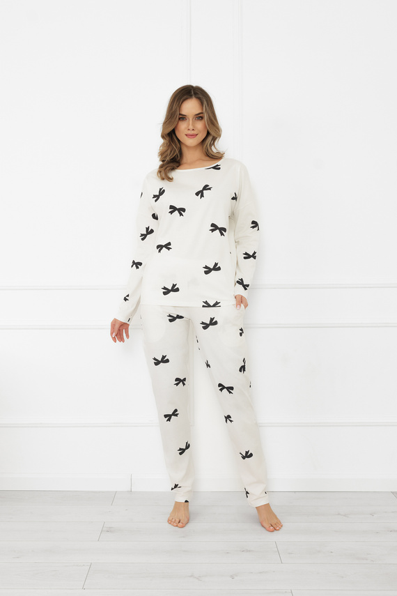 Damska piżama Figaro – bawełna, ecru, długi rękaw + spodnie Italian Fashion