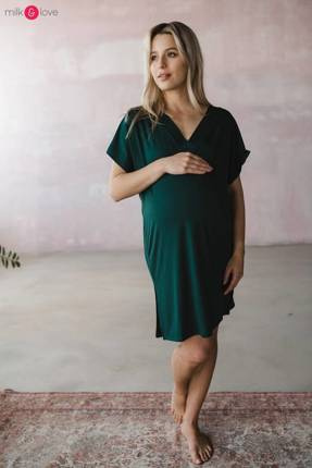 Bambusowa koszula nocna ciążowa i do karmienia Moon Milk&Love butelkowa zieleń