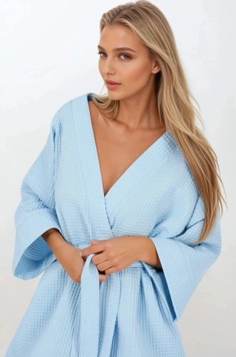 Szlafrok damski Blue Lady – 100% bawełna, rękaw 3/4, szerokie mankiety | Momenti Per Me