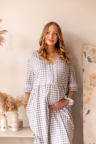 Koszula nocna ciążowa 34LI Lidia w kratkę – do karmienia, 100% bawełna