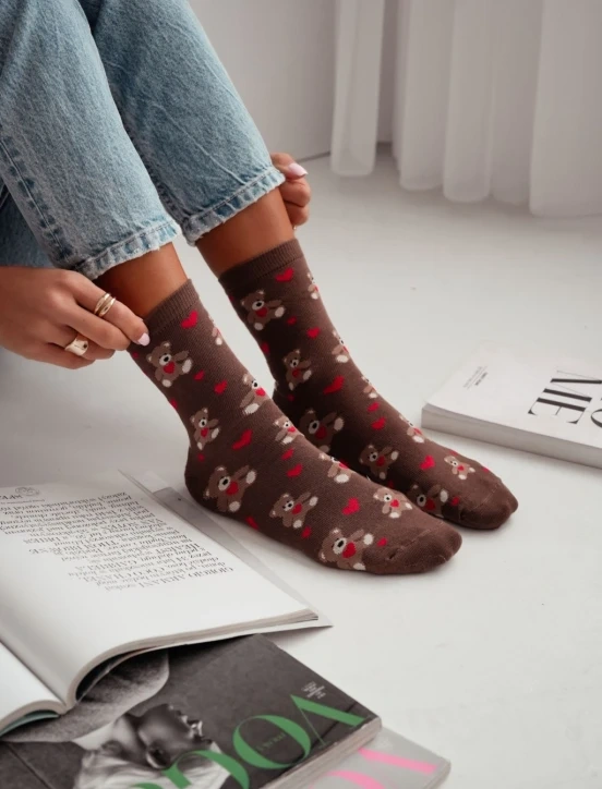 Milena 0200-202 brązowy– skarpetki damskie Misie z Sercami, bawełniane, Walentynki, rozmiar 37–41