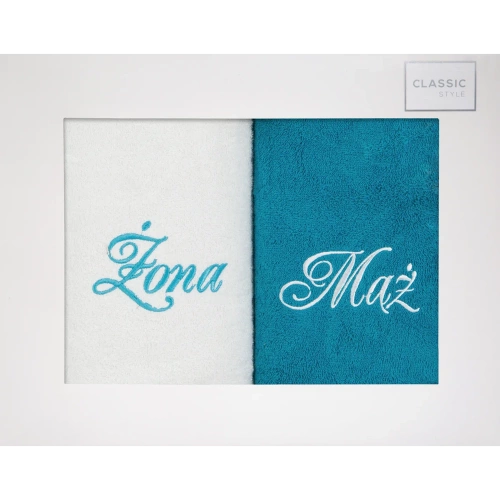 Komplet ręczników w pudełku Mąż Żona Eurofirany biały/turkus 