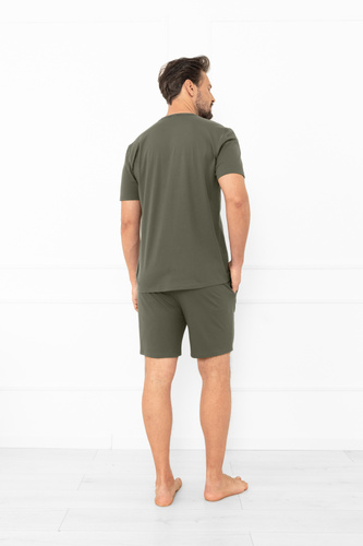 Piżama męska Krystian Italian Fashion oliwkowa – bawełniana, krótki rękaw i spodenki