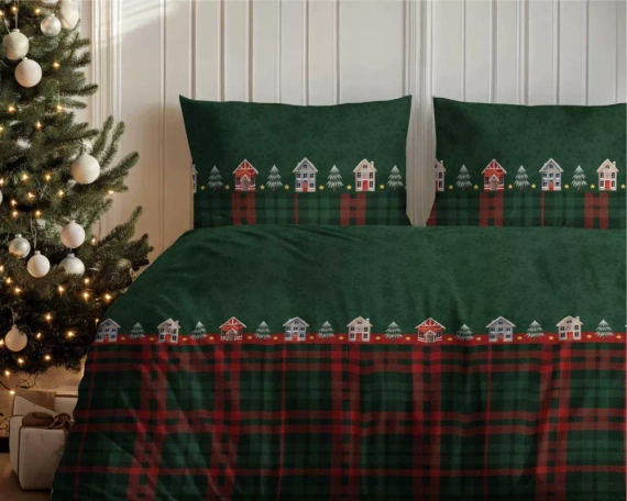 5619 B Magia Świąt Detexpol Pościel świąteczna flanelowa zielona w domki i kratę– bawełna 100%, certyfikat OEKO-TEX®