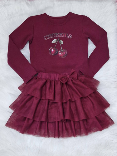Bambarillo Cherries bordowy bluzka dziewczęca – długi rękaw, bawełna z elastanem