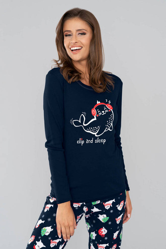 Piżama Damska długi rękaw, długie spodnie Kasjana Italian Fashion- czerwony/druk czerwony 