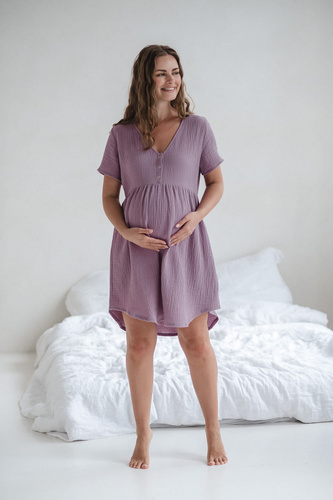 Koszula nocna ciążowa i do karmienia muślinowa Aurora Milk&Love lawendowy