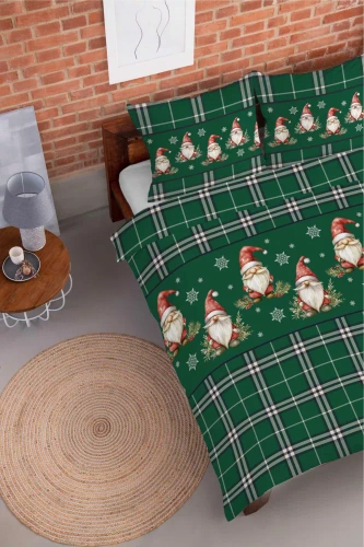 5622 B Magia Świąt Detexpol Pościel świąteczna flanelowa zielona w kratę ze skrzatami i śnieżynkami – bawełna 100%, certyfikat OEKO-TEX®