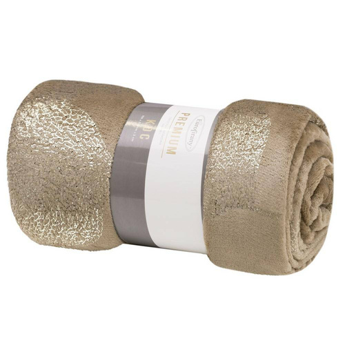 Koc narzuta z mikrofibry z błyszczącym nadrukiem liści Ginko 2 Eurofirany miodowy