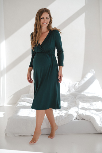 Bambusowa koszula nocna ciążowa i do karmienia Star Light 7/8 Milk&Love butelkowa zieleń– elegancka, oddychająca, idealna do szpitala