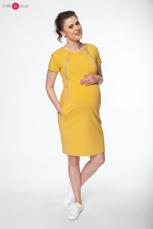 Sukienka do karmienia i ciążowa Fast Food Milk&Love musztardowa