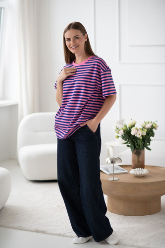 T-shirt do karmienia i ciąży Mamahood oversize z krytymi zamkami OEKO-TEX Milk&Love różowo-niebieskie paski 