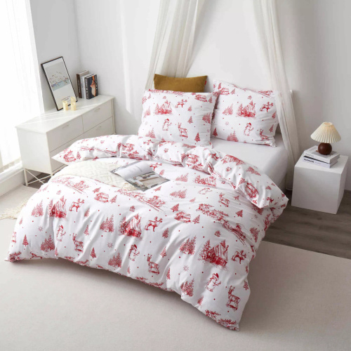 Świąteczna pościel satynowa z bawełny Laponia Spod Igły i Nitki biała czerowna – gładka i elegancka